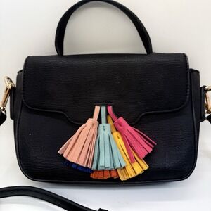 To Go Go Black Faux Leather Tassel Mag Snap Detachable Strap Small Shoulder Bag